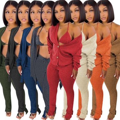 China 2021 new arrivals QUICK DRY solid cardigan with bra suit winter women clothing knitted sweater two set of 3 piece pants for sale