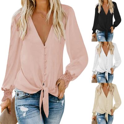 China 2021 Autumn Women's Clothing Ladies Loose V Neck Elegant Long Sleeve Lace Chiffon Tops Shirt Women's Breathable Blouses Plus Size Tops Outfits for sale