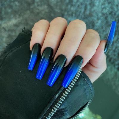 China Design Beauty Ladies Blue Tips Women Press On Nail Gradient Fake Long Coffin Nails Nail Tips for sale