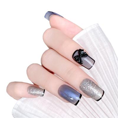 China Hot Selling Style Classic Shiny Black Color Butterfly Long Design Press On Nails Square Box Luxury Handcrafted Fake Nails for sale