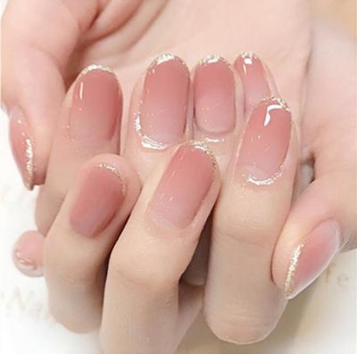 China 2021 New France Adiyat Peach Pink Design Almond Long Press On Nails Tips ABS Plastic for sale