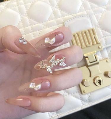 China 2021 New Design Adiyat Duo White-Rose Gold Butterfly Almond Press On Long Nails Water Drop Almond Nail Tips for sale