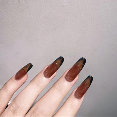 China 2022 HOT Sale Adiyat Design Luxury Fake Nails Coffee Color& Black V Style Black V Style French Coffin Nails Long Press On Nails For Valentine's Day for sale