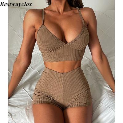 China Bestway Plus Size Bikini Top Ribbed Lift Up Sportswear Swimwear 2021 V-Neck Women Swimwear Swimsuit With Shorts Beachwear Brown for sale