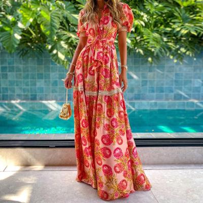 China 2021 Summer Anti-Static Women Dress Elegant Boho Ladies Shirt Dress Vestidos Maxi Long Dress Floral Printed Short Sleeve for sale