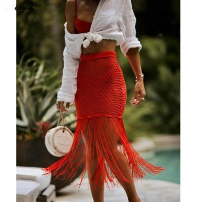 China 2021 Breathable New Crochet Solid Color Knitted Beach Cover Ups Knitting Swimwear Mesh Beach Dress Tunic Skirt Summer Women Beach Wear for sale