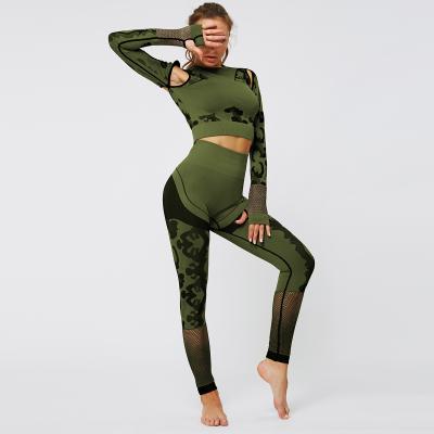 China 2020 Women's Breathable Private Label Yoga Sets Custom Logo Print Jumping Suit Yoga Cloth Gym Wear Girl Sport Long Sleeve Patchwork Yoga Cloth OEM for sale