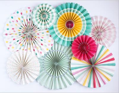 China Hooray Party Paper Fans Set of 8 Pink Blue and Yellow Party Decor Paper Fans Girl's Birthday Decor Smash Cake Photo Backdrop for sale