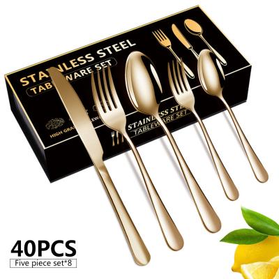 China Viable Hot Sale 40-PCS Gold Stainless Steel Flatware Set Rainbow Knife Fork Serving Stainless Steel Flatware Gold Spoon Silverware placed Besteck for sale