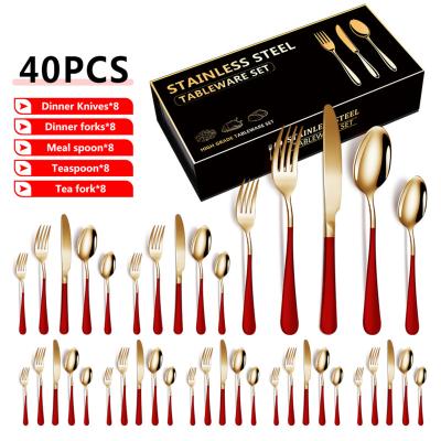 China Hot Sale 40-PCS Handle Stainless Steel Cutlery Set Gold Knife Viable Creative Fork Spoon Stainless Steel Flatware Gold Silverware Spoon Set for sale