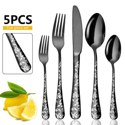 China Viable Flatware Set Hot Selling Gold Spoon Fork Knife Handle Pattern Black Silverware Set Stainless Steel Cutlery To Wedding Besteck for sale