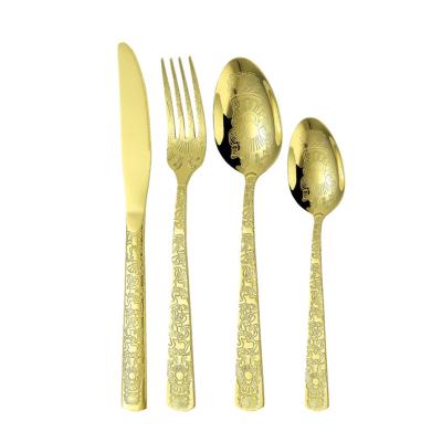 China Best Viable Selling Embroidery Gold Knife Fork Spoon Gold Silverware Set Stainless Steel Cutlery Set Flatware Wedding Cutlery for sale