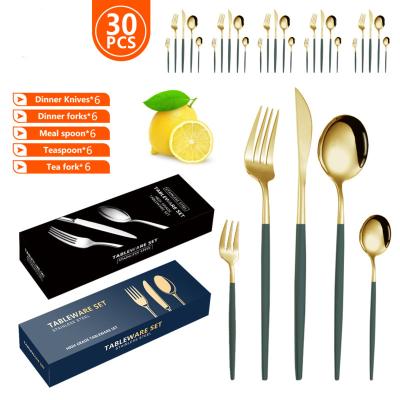 China Hot Sale 30-PCS Disposable Stainless Steel Cutlery Set Gold Knife Fork Spoon Set Creative Flatware Gold Handle Silverware Cutlery for sale