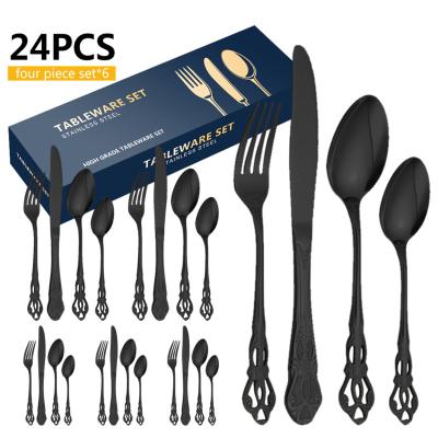 China Viable Stainless Steel Cutlery Set 24 Pieces Retro Gold Dinner Knife Fork Spoon Silverware Wedding Restaurant Hollow Embossed Flatware for sale