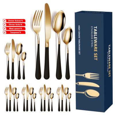 China Viable Stainless Steel Cutlery Set 24 Pieces Gold Knife Fork Spoon Silverware Steak Knife Wedding Restaurant Flatware With Handles for sale