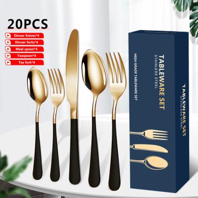 China Viable Hot Sale Stainless Steel Cutlery Set 20 Pieces Gold Handle Creative Multicolor Flatware Restaurant Hotel Wedding Cutlery Set for sale