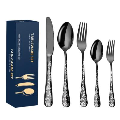 China Retro viable European stainless steel cutlery set restaurant black style hotel wedding flatware handle creative flatware for sale