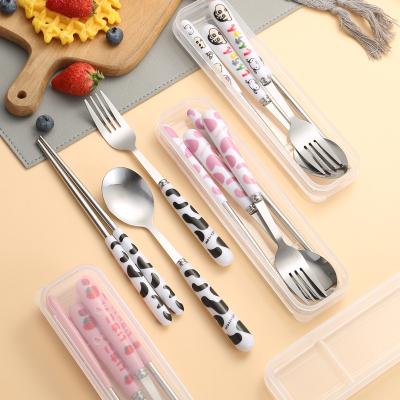 China Stainless Steel Viable Portable Tableware Cute Chopsticks Spoon Fork Set Flat Utensils Picnic Three-Piece Set Tableware for sale