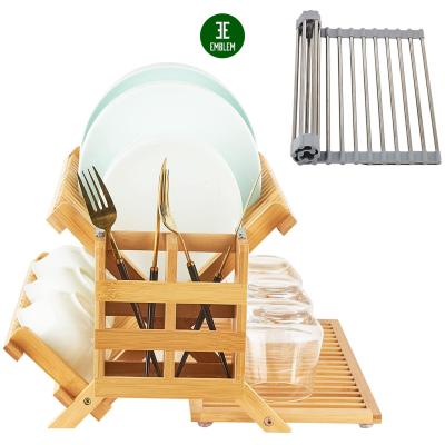 China Sustainable Bamboo Dish Rack Drying Set, 3-Tier Folding Bamboo Dish Rack Drying Rack with Utensil Holder for sale