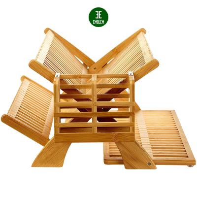 China Sustainable Bamboo Wooden Foldable Drying Rack - Kitchen Dish Drainer With Double Rows For Dishes - Collapsible Dish Sieve Utensil for sale