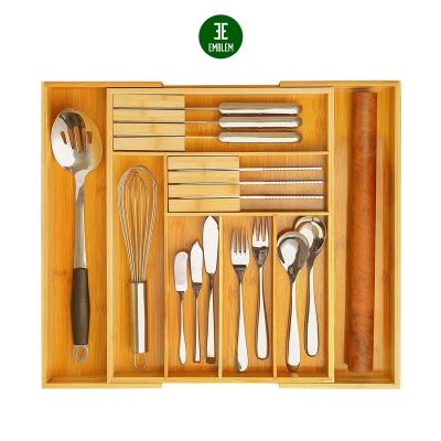 China Bamboo Organizer Tray For Flatware Viable Bamboo Adjustable Cutlery Kitchen Drawer Organizer With 2 Knife Blocks for sale