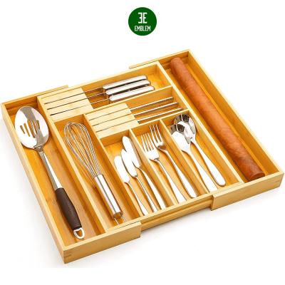 China Adjustable Viable Bamboo Drawer Organizer Kitchen Utensil Cutlery Organizer with 2 Knife Holders for sale