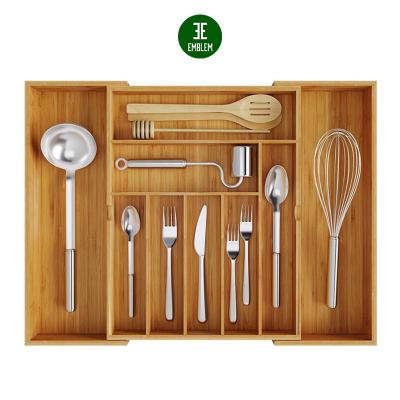 China Sustainable Natural Bamboo Expandable Cutlery Silverware Drawer Organizer Adjustable Tray for sale