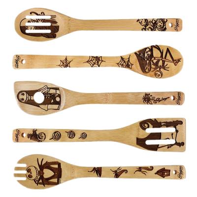 China Distinctive Sustainable Halloween Patterned 5 Piece Bamboo Utensil Set With Stand for sale