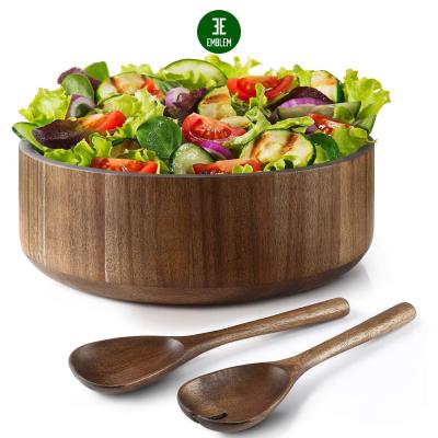 China Sustainable Natural Acacia Wooden Large Salad Serving Bowl With Tongs Set for sale