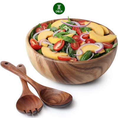 China Sustainable Acacia Wood Salad Bowl with Servers Set - 9.4 Inch Solid Hardwood Salad Bowl with Spoon for sale