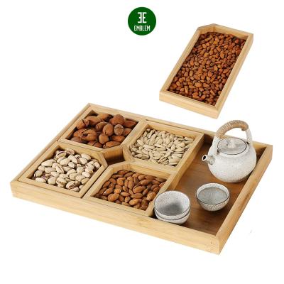 China Bamboo Bamboo Food Serving Tray Dessert Fruit Food Serve Dish, Multifunctional Tray with 5 Small Dishes Individually Use for sale