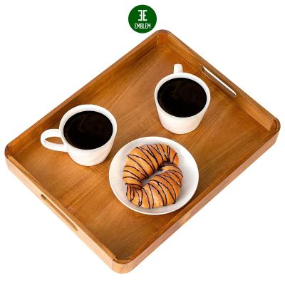 China Large wooden acacia wood serving tray, kitchen food tray with handles for sale