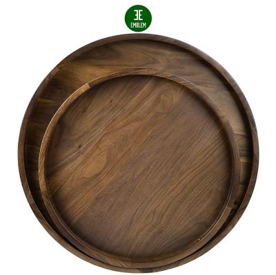 China Circle Wooden Tray Black Walnut Decorative Tray, Large Round Tray Wooden Solid Serving Tray with Handle for sale