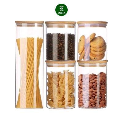 China Sustainable glass jars with airtight bamboo lids set of 5 for food storage, home and kitchen storage containers, jar with bamboo lid for sale