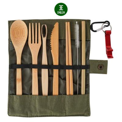 China Sustainable Portable Utensils Set Bamboo Spoon Fork Knife Straw Chopsticks Eco-Friendly Bamboo Cutlery Brush Set for Kids and Adults for sale