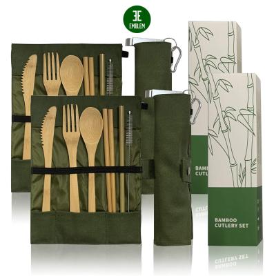 China 2 sustainable set bamboo utensils set with portable storage bag+carabiner+bottle opener (2green) for sale