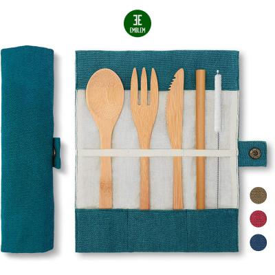 China Sustainable Camping Cutlery Set with Travel Pouch (4 Color), Eco Friendly Flatware Set, Bamboo Cutlery Set for sale