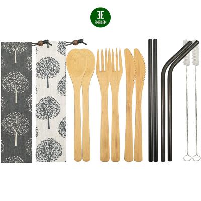 China Sustainable 2 Sets Bamboo Cutlery Set 6 Piece Flatware Set Reusable Bamboo Flatware Set Travel Utensils for sale