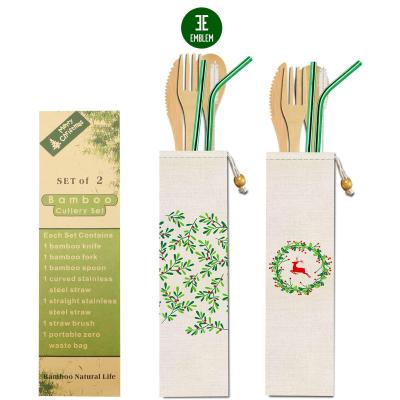 China 2 Sets Sustainable Bamboo Cutlery Set Reusable Bamboo Utensils With Case Travel Bamboo Utensils (Green Straw-garland) for sale