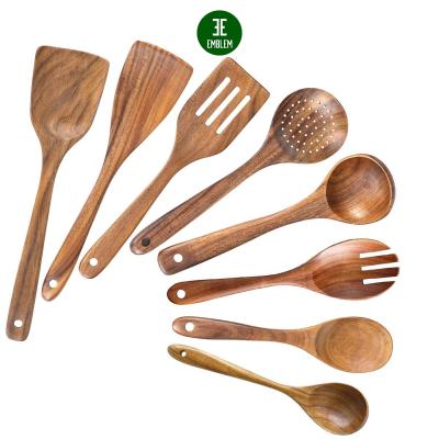 China Sustainable Wooden Spoons For Cooking, Non Stick Kitchen Utensil Set, Wooden Spoons Cookware Set Non Scratch Natural Teak Wood Utensil for sale