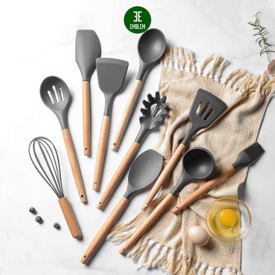 China Sustainable Silicone Cookware Set, 12 Pcs Kitchen Utensils Cooking Spatula Turner Heat Resistant Tools With Wooden Handle for sale