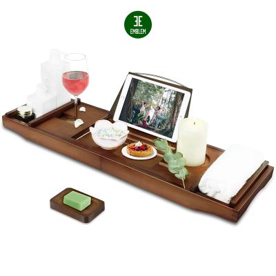 China Sustainable Luxury Natural Wooden Bathtub Tray, Bathroom Trolley with Shelf Holder, Bamboo Tub Trolley Trays for sale