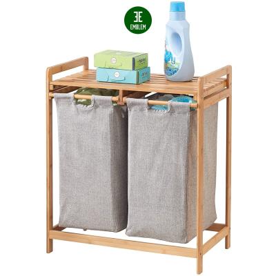 China Large Capacity Double Freestanding Portable Bamboo Laundry Hamper Basket Organizer for sale