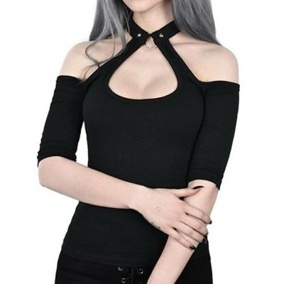 China Viable Black Sexy Shirt With Scarf Women Short Sleeve Top Off The Shoulder Halter Neck Gothic Solid Top Punk Vest Shirts Luxury T-Shirt for sale