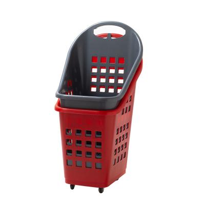 China BasketPP multifunctional and large capacity supermarket plastic rolling basket +wheelpu eco-friendly a durable shopping basket for sale