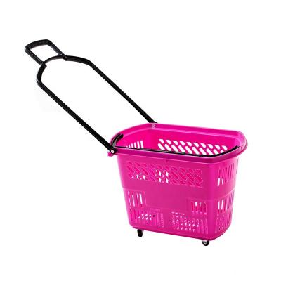 China YM-1 35L Supermarket Green Grocery Cart Shopping Used Red Blue Plastic Shopping Cart With Wheels Pink Shopping Basket for sale