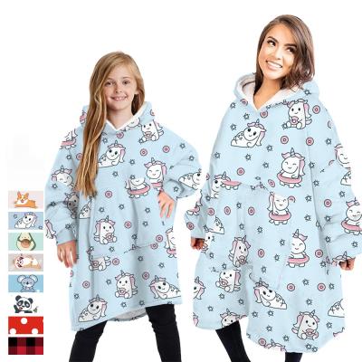 China Cartoon unicorn fleece blanket hoodie anti-static custom, heavy oversized hoodie blanket, warm wearable hoodie blanket for kids for sale