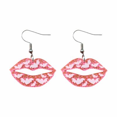 China HOT Trendy Glitter Pink Lip With Bat Acrylic Dangle Earrings For Women Halloween Earrings for sale