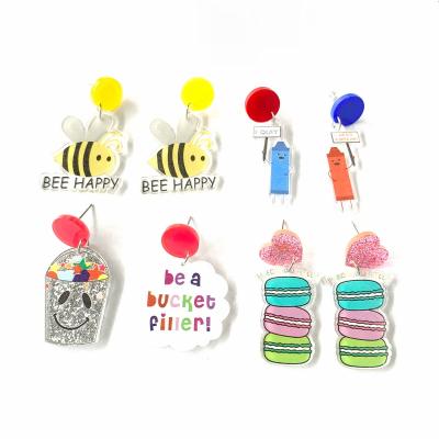 China Happy Bucket Filler Macarons Live Colorfully Be A Stud Earrings Cute Acrylic Cute Bee And Pencil Red Blue I Need The Cutout Earrings 2021 for sale