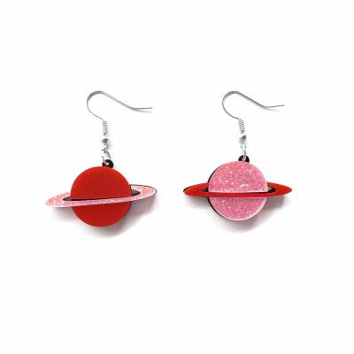 China Red and Pink Sparkle Asymmetric Pendant Acrylic Universe Romantic Planet of Saturn Dangle Earrings For Women for sale